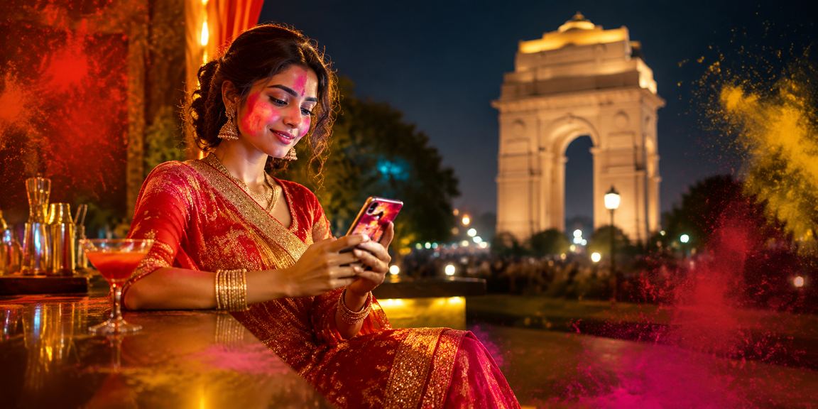 Delhi India Gate lit up during Holi festival symbolizing celebration and balance