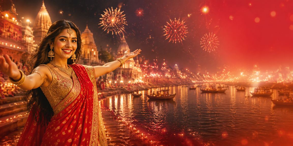 Varanasi ghat with mobile payment symbol red and gold